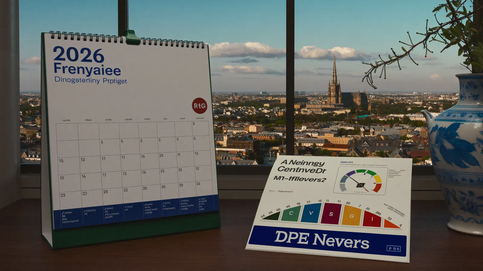 Calendrier 2026 et rapport de DPE posés près d'une fenêtre donnant sur les toits de Nevers